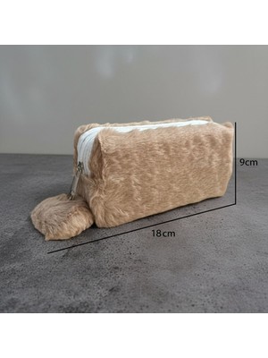 Elegance Peluş Ponponlu Kahverengi Kalem Çantası