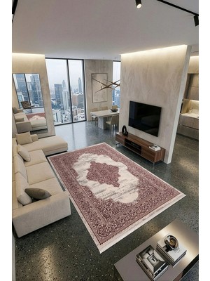 Cotto Home Ipeksi IP023L Gri Bordo Klasik Göbekli  Modern Desen Pamuk Taban  Salon Mutfak Halısı Tozu Yok
