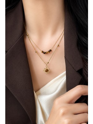 Trend Collection Çift Katlı Güneş Uçlu Doğal Taşlı Gold Kadın Kolye