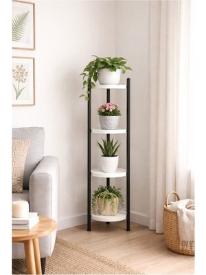RetoDesign 4 Raflı Beyaz Yuvarlak Çiçelik Raf, Çok Amaçlı Raf 2401