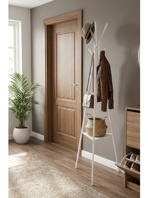 RetoDesign Beyaz Elbise Askısı Raflı Ayaklı Askı 3 Ayaklı Antre Askı, Metal Ayaklı Askı 7501