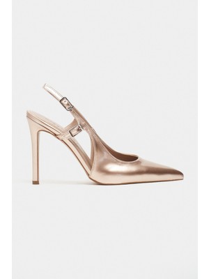 Nişantaşı Shoes Ladonia Dore Rugan Arka Açık Toka Detay Kadın Topuklu Ayakkabı