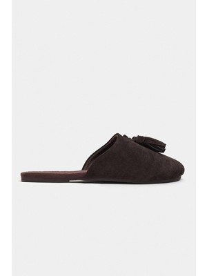 Nişantaşı Shoes Nella Bitter Kahve Hakiki Süet Deri Püskül Detay Düz Taban Kadın Terlik