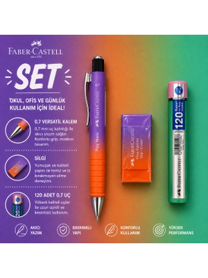 Faber-Castell Polymatic Flow Edition Versatil Kalem 0,7 Mor-Turuncu Renk+Silgi+0,7 Uç Set