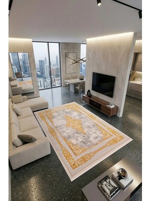 Cotto Home Ipeksi IP024S Gri Sarı Klasik Göbekli Modern Desen Pamuk Taban  Salon Mutfak Halısı Tozu Yok