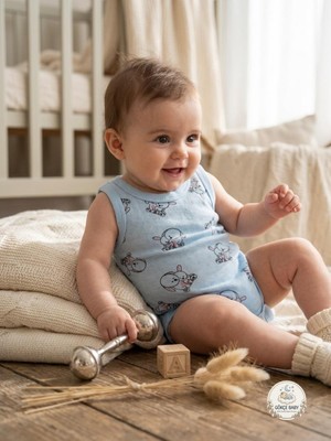 Gökçe Baby Bebek Mavi Tavşan Desenli %100 Pamuk Ajurlu Askılı Zıbın / Body