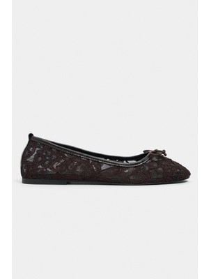 Nişantaşı Shoes Magni Kahve Dantel Nakışlı Fiyonk Detay Kadın Babet