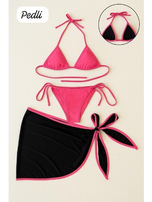 MiraLive Kadın Fuşya Siyah Pareolu Yandan ve Boyundan Bağlamalı 3'lü Bikini Takımı