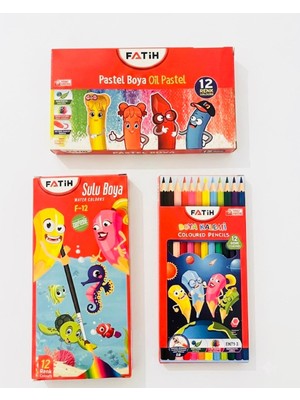 SEAROCK Fatih 12 Renk Boyama Seti 3'lü Paket Sulu Boya Pastel Boya Kuru Boya