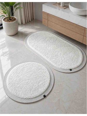 Nesrin Kaymaz Taban Peluş Banyo Paspası Seti Krem Rengi  Jüt Kenar Detaylı 2'li Oval Yuvarlak 100X60 60X60