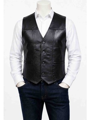 Moda Erkek Siyah Düğmeli Hakiki Kuzu Derisinden Cepli Deri Yelek