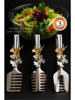 Uravas Store Kelebek Figürlü 3’lü Paslanmaz Çelik Servis Maşası Seti - Salata, Pasta ve Izgara Maşası 722696