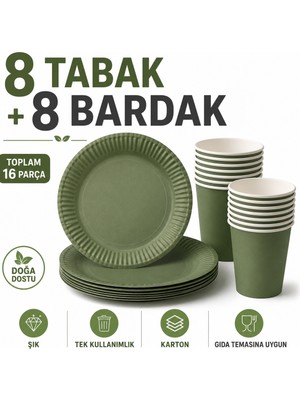 Bkmc Party Karton Tabak Bardak Seti 8 Tabak 8 Bardak Tek Kullanımlık Doğum Günü Parti Sofra Seti | Siyah, Yeşil, Beyaz, Kraft ve Gold Renk Seçenekleri
