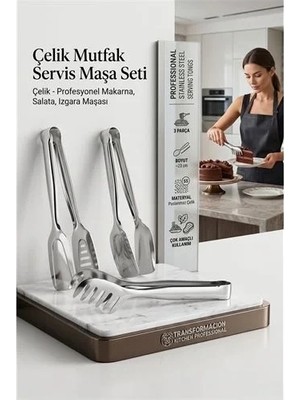 Uravas Store Profesyonel 3'lü Paslanmaz Çelik Servis Maşa Seti | Makarna, Salata, Izgara ve Pasta Için Çok Amaçl
