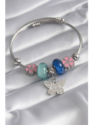 Uravas Store 316L Çelik Gümüş Renk Kristal Taşlı Zirkon Taşlı Figür Charm Kadın Bileklik - TJ-BB5831