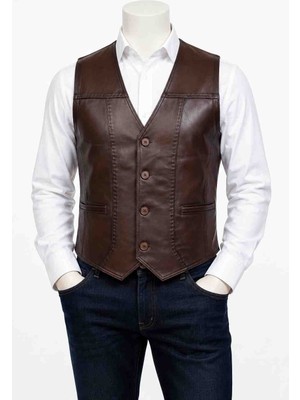 Moda Erkek Kahve Düğmeli Hakiki Kuzu Derisinden Cepli Deri Yelek