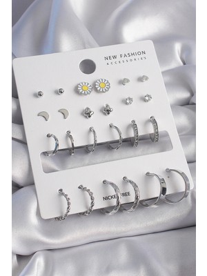 Uravas Store Pirinç Gümüş Renk Papatya Detaylı 12 Çiftli Kadın Küpe Seti