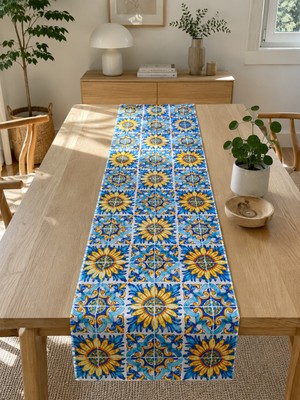 Megi Concept Dijital Baskılı Mozaik Desenli Masa Runner 40X140 cm Akdeniz Temalı Dekoratif Runner Masa Örtüsü