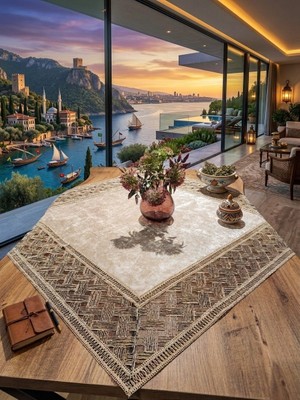 Yalıns Home Sepet Lüx Dekoratif Masa Örtüsü Simli Kadifeli 93 X93 cm
