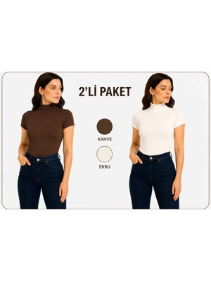 İngegno Body Yarım Balıkçı Yaka Kısa Kol Örme Kumaş Viskon Body 2 Li Paket