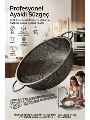 Uravas Store Profesyonel Ayaklı Süzgeç 28 cm - Paslanmaz Çelik Ince Delikli Pirinç ve Makarna Süzgeci, Salata Yı