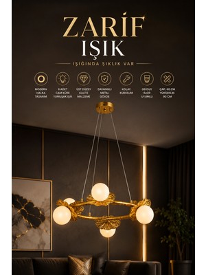 Elvora Home Modern (Premium) 6lı Eskitme Şık Halka Sarkıt Avizesi Salon Mutfak Oturma Odası Avizesi Modelleri 6xg9 Duyulu