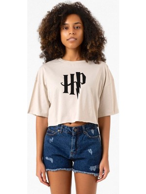 Hp Logo Bej Kadın Crop Tshirt