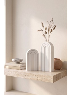 Cuale Design 2'li Kemer Motifli Bohem Seramik Görünümlü Mat Biblo Vazo Seti, 20-15 cm Büyük - Küçük Boy