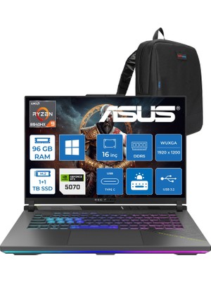 Asus Rog Strix G16 G614PP Amd Ryzen™ 9 8940HX Aı 96GB Ddr5 1tb Ssd+1tbssd 8GB/RTX5070 115W 16-Inch Fhd+ 1920 x 1200, 165Hz 3ms IPS-SRGB:100% WINDOWS11PRO Gaming Laptop WRV219P44+ZETTAÇANTA