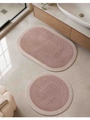 Nesrin Kaymaz Taban Peluş Banyo Paspası Seti Pudra Rengi Jüt Kenar Detaylı 2'li Oval Yuvarlak 100X60 60X60