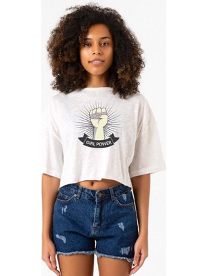 Girl Power Beyaz Kırçıllı Kadın Crop Tshirt
