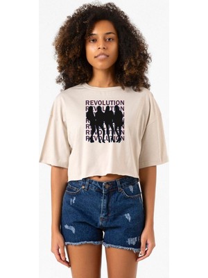 Blackpink Revolution Bej Kadın Crop Tshirt