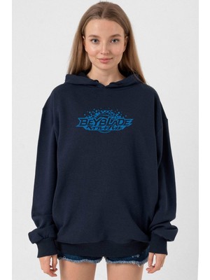 Tshirthane Beyblade Logo Lacivert Kadın 3ip Kapşonlu
