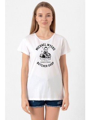 Michael Myers Butcher Shop Beyaz Kadın Bisikletyaka Tshirt