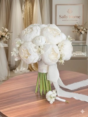 Sally Home Premium Yapay Şakayık Gelin Buketi- Damat Yaka Çiçeği