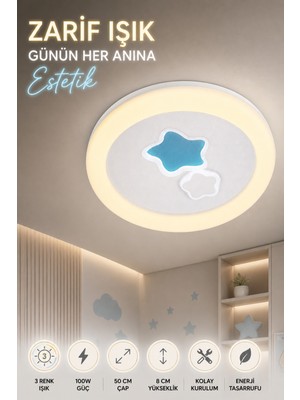 Elvora Home Modern (Premium) 3 Renkli Ledli 100W Tavan Plafonyer Avizesi Yıldız Desenli 50 cm Çocuk Odası Avizesi