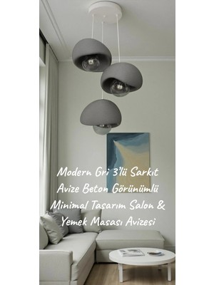 Modern Gri 3’lü Sarkıt Avize Beton Görünümlü Minimal Tasarım Salon & Yemek Masası Avizesi