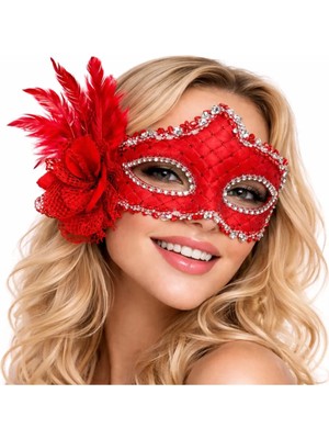 Kırmızı Tüylü Venedik Lüks Balo Maskesi