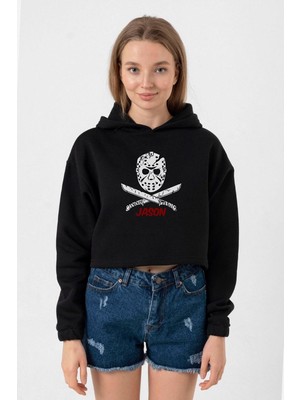 Tshirthane Friday The 13th Jason Mask Siyah Kadın Crop Kapşonlu
