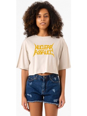 Nuclear Assault Lettern Bej Kadın Crop Tshirt