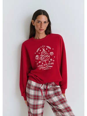 Mavi Yılbaşı Temalı Kırmızı Sweatshirt 1S10507-70390