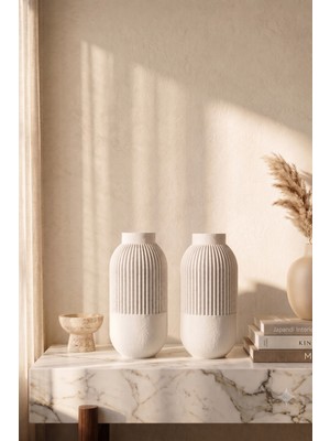 Cuale Design 2'li Çizgi Dekoratif Minimalist Seramik Görünümlü Mat Vazo Seti, 17 Büyük Boy