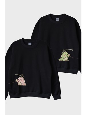 Lofux Tatlı Dinozor Çift Siyah Bisiklet Yaka Sweatshirtleri