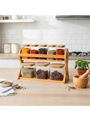 Uravas Store Deconox Doğal Bambu Standlı 8'li Kare Cam Baharatlık Seti - Ahşap Kapaklı Standlı Mutfak Bahar