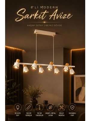 Elvora Home Modern (Premium) 8li Spot Sarkıt Avizesi Uzun Ahşap Detaylı Salon Yemek Masası Üstü Avizesi Modelleri 8XGU10 Duyulu