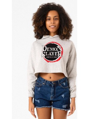 Tshirthane Demon Slayer Anime Squad Demon Slayer Kimetsu No Yaiba Beyaz Kırçıllı Kadın Crop Kapşonlu