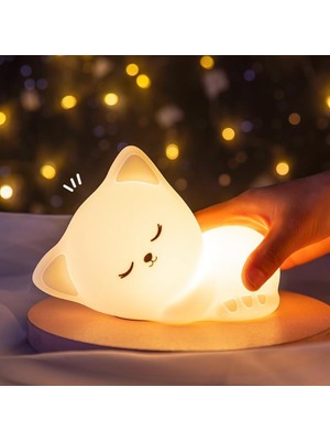 Keyfim Shop Kedi Figürlü Pofuduk LED Gece Lambası–yumuşak Dokulu Çocuk Odası