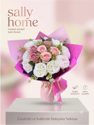 Sally Home Premium Yapay Ipek Çiçek Buketi (Pembe & Beyaz) Buketi Gelin, Isteme Mezuniyet, Sevgiliye Arkadaşa Hediye