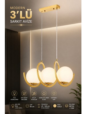 Elvora Home Modern (Premium) Gold 3'lü Sarkıt Avizesi Ampül Hediyeli Küreli Lüks Salon Mutfak Avizesi Modelleri 3XE14 Duyulu