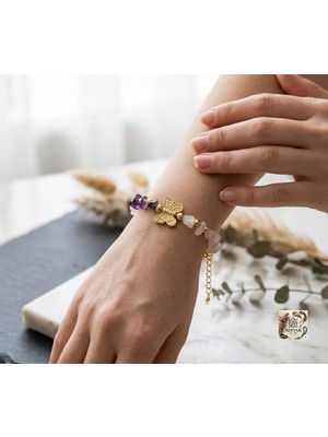 Adiyak Ametist ve Pembe Kuvars Doğal Taş Kelebek Figürlü Gold Detaylı Bileklik